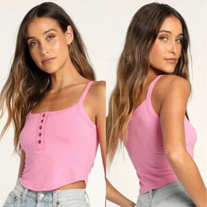 Lulus NWT Simply The Best Button-Front Ribbed Knit Henley Tank Top Pink XSmall